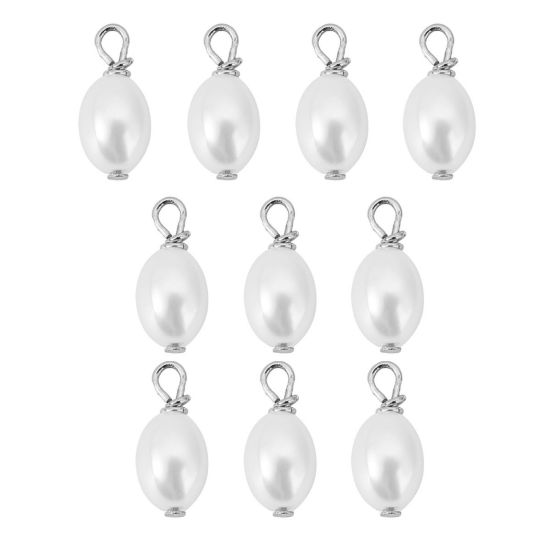 Bild von 10 PCs Brass & Acrylic Charms Platinum Plated White Barrel Imitation Pearl 8mm x 6mm