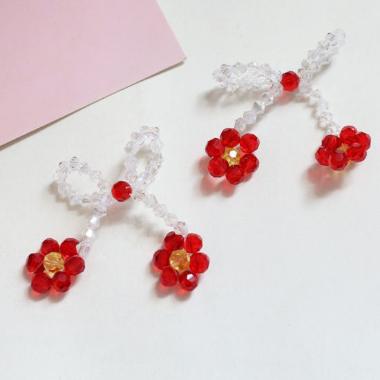 Image de 2 Pcs Pendentifs Tissage Tricoté au Crochet en Fer+Verre Blanc & Rouge Fleur 4.3cm x 3.8cm