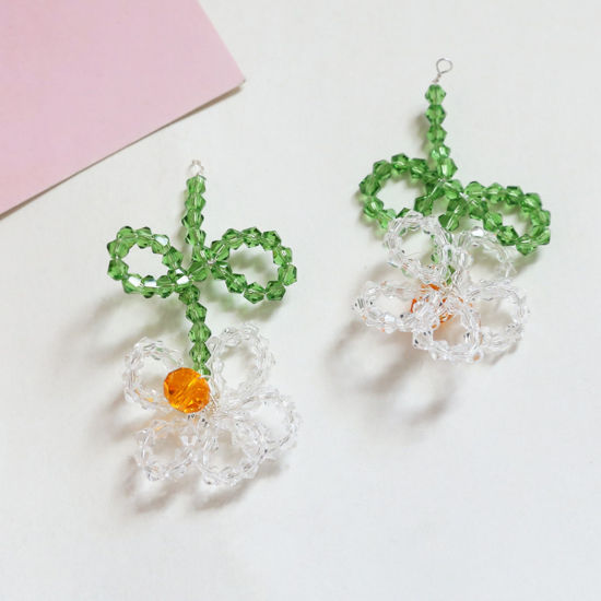 Image de 2 Pcs Pendentifs Tissage Tricoté au Crochet en Fer+Verre Blanc & Vert Fleur 4.3cm x 3.8cm