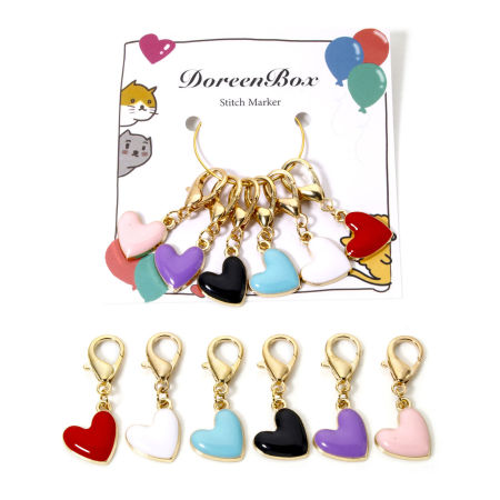 Bild von 1 Set ( 6 Stücke/Set) Zinklegierung + Legierung Charms Anhängerträger für Vintage Armband Stricken Stitch Markers Herz Vergoldet Bunt Emaille 3.6cm x 1.4cm