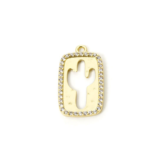 Picture of 1 Piece Brass West Cowboy Charms 18K Gold Plated Cactus Micro Pave Clear Cubic Zirconia 23mm x 13mm