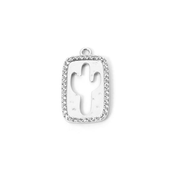 Picture of 1 Piece Brass West Cowboy Charms Platinum Plated Cactus Micro Pave Clear Cubic Zirconia 23mm x 13mm