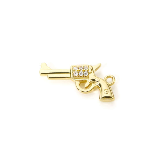 Picture of 1 Piece Brass West Cowboy Charms 18K Gold Plated Gun 3D Clear Cubic Zirconia 24mm x 13mm