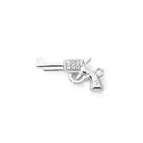 Picture of 1 Piece Brass West Cowboy Charms Platinum Plated Gun 3D Clear Cubic Zirconia 24mm x 13mm