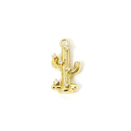 Picture of 1 Piece Brass West Cowboy Charms 18K Gold Plated Cactus 3D Clear Cubic Zirconia 23mm x 12mm