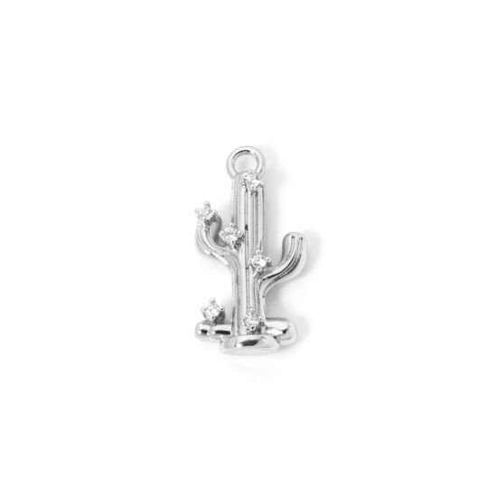 Picture of 1 Piece Brass West Cowboy Charms Platinum Plated Cactus 3D Clear Cubic Zirconia 23mm x 12mm