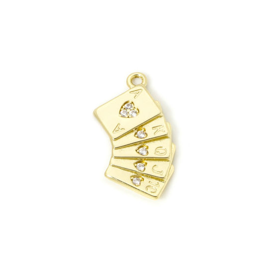 Picture of 1 Piece Brass West Cowboy Charms 18K Gold Plated Poker Card Micro Pave Clear Cubic Zirconia 24mm x 13mm