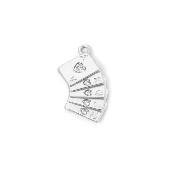 Picture of 1 Piece Brass West Cowboy Charms Platinum Plated Poker Card Micro Pave Clear Cubic Zirconia 24mm x 13mm