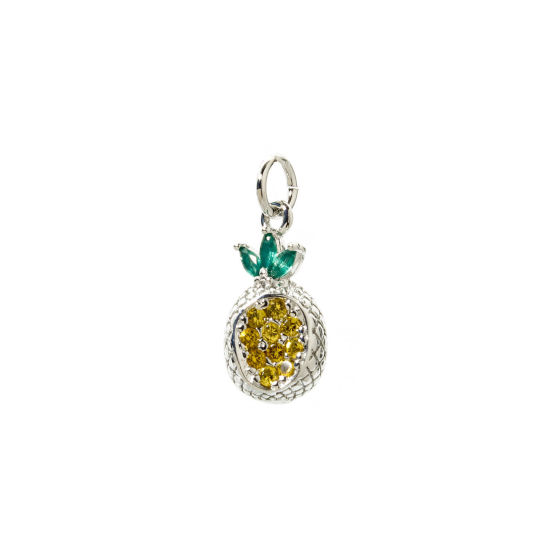 Image de 2 PCs Brass Charms Platinum Plated Fruit Pineapple 3D Green Rhinestone Yellow Cubic Zirconia 19mm x 8mm