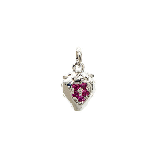 Image de 2 PCs Brass Charms Platinum Plated Fruit Strawberry Fruit 3D Fuchsia Cubic Zirconia 15mm x 8mm