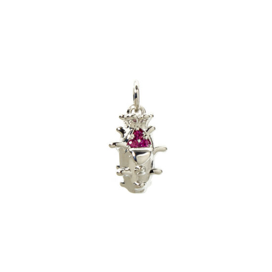 Image de 2 PCs Brass Charms Platinum Plated Fruit Pitaya Dragon Fruit 3D Fuchsia Cubic Zirconia 17mm x 9mm