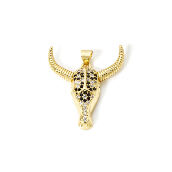 Bild von 1 Stück Messing West-Cowboy Anhänger 18K Vergoldet Stierkopf/Kuhkopf Micro Pave Klar & Schwarz Kubischer Zirkon 3.2cm x 2.7cm