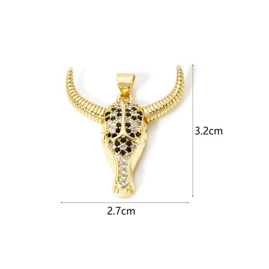 Bild von 1 Stück Messing West-Cowboy Anhänger 18K Vergoldet Stierkopf/Kuhkopf Micro Pave Klar & Schwarz Kubischer Zirkon 3.2cm x 2.7cm