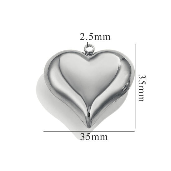 Picture of 1 Piece Eco-friendly 304 Stainless Steel 3D Pendants Silver Tone Heart Polished 35mm x 35mm