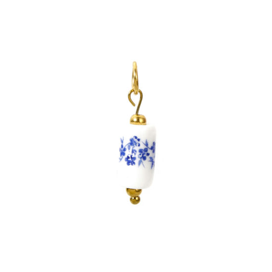 Image de 1 Pièce Breloques en 304 Acier Inoxydable & Lampwork Placage Sous Vide Écologique Collection Végétale Colonne Plaqué Or Véritable 18K Blanc & Bleu Fleurs 3D 25mm x 6mm