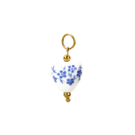 Picture of 1 Piece Eco-friendly Vacuum Plating Waterproof Anti-Tarnish Hypoallergenic 304 Stainless Steel & Lampwork Glass Flora Collection Charms 18K Real Gold Plated White & Blue Heart Flower 3D 25mm x 12mm