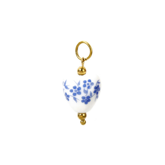 Image de 1 Pièce Breloques en 304 Acier Inoxydable & Lampwork Placage Sous Vide Écologique Collection Végétale Cœur Plaqué Or Véritable 18K Blanc & Bleu Fleurs 3D 25mm x 12mm