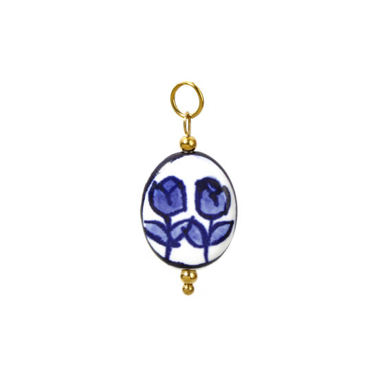 Image de 1 Pièce Breloques en 304 Acier Inoxydable & Lampwork Placage Sous Vide Écologique Collection Végétale Ovale Plaqué Or Véritable 18K Blanc & Bleu Fleurs 3D 3.5cm x 1.6cm