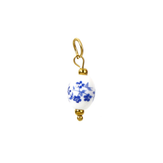 Image de 1 Pièce Breloques en 304 Acier Inoxydable & Lampwork Placage Sous Vide Écologique Collection Végétale Rond Plaqué Or Véritable 18K Blanc & Bleu Fleurs 3D 25mm x 6mm