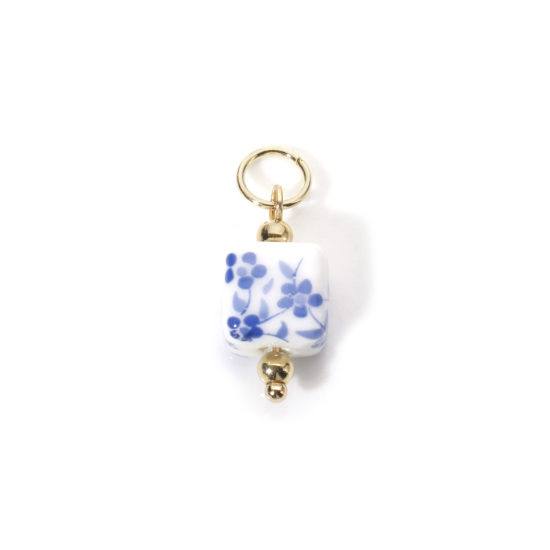 Image de 1 Pièce Breloques en 304 Acier Inoxydable & Lampwork Placage Sous Vide Écologique Collection Végétale Cube Plaqué Or Véritable 18K Blanc & Bleu Fleurs 3D 22mm x 8mm