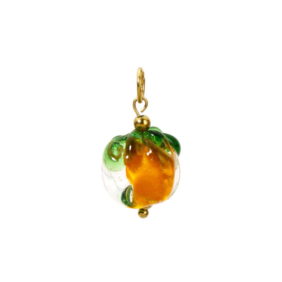 Image de 1 Pièce Breloques en 304 Acier Inoxydable & Lampwork Placage Sous Vide Écologique Collection Végétale Kaki Plaqué Or Véritable 18K Orange 3D 26mm x 14mm