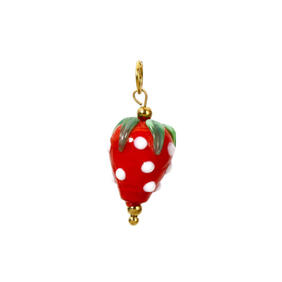 Image de 1 Pièce Breloques en 304 Acier Inoxydable & Lampwork Placage Sous Vide Écologique Collection Végétale Fraises Plaqué Or Véritable 18K Rouge 3D 3cm x 1.3cm