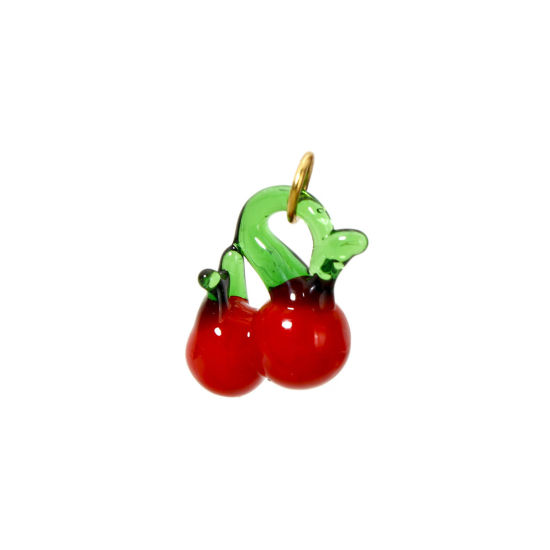 Image de 1 Pièce Breloques en 304 Acier Inoxydable & Lampwork Placage Sous Vide Écologique Collection Végétale Cerise Plaqué Or Véritable 18K Rouge 3D 21mm x 13mm