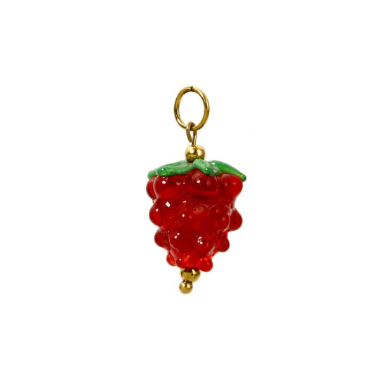 Image de 1 Pièce Breloques en 304 Acier Inoxydable & Lampwork Placage Sous Vide Écologique Collection Végétale Raisins Plaqué Or Véritable 18K Rouge 3D 27mm x 14mm