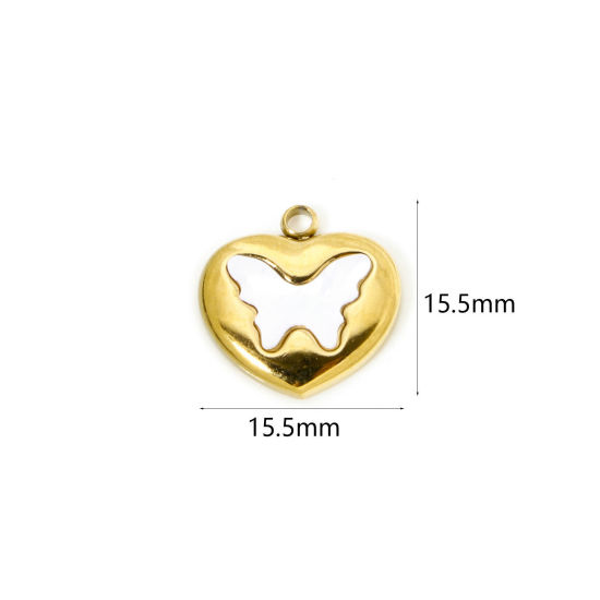 Image de 1 Pièce Breloques en 304 Acier Inoxydable & Lampwork Placage Sous Vide Écologique Collection Végétale Cœur Plaqué Or Véritable 18K Papillons 3D 15.5mm x 15.5mm