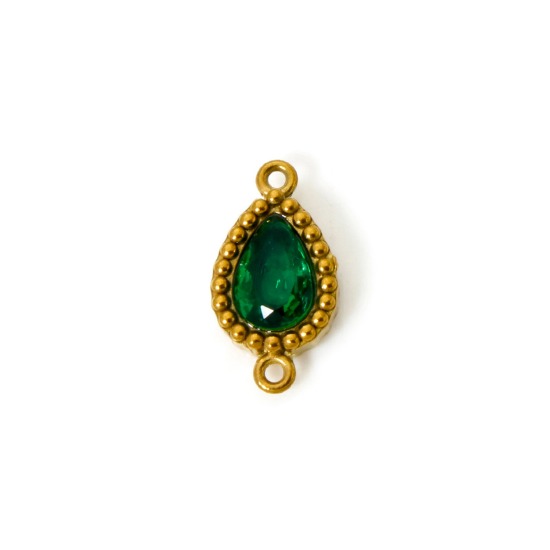 Bild von 5 Stück Umweltfreundliche PVD-Vakuumbeschichtung 304 Edelstahl Geometrisch Steckverbinder Charms Anhänger Tropfen 18K Vergoldet Dunkelgrün Strass 12mm x 7mm