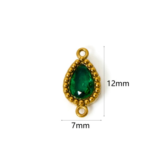 Bild von 5 Stück Umweltfreundliche PVD-Vakuumbeschichtung 304 Edelstahl Geometrisch Steckverbinder Charms Anhänger Tropfen 18K Vergoldet Dunkelgrün Strass 12mm x 7mm