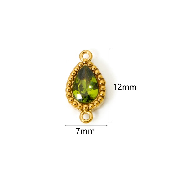 Bild von 5 Stück Umweltfreundliche PVD-Vakuumbeschichtung 304 Edelstahl Geometrisch Steckverbinder Charms Anhänger Tropfen 18K Vergoldet Olivgrün Strass 12mm x 7mm