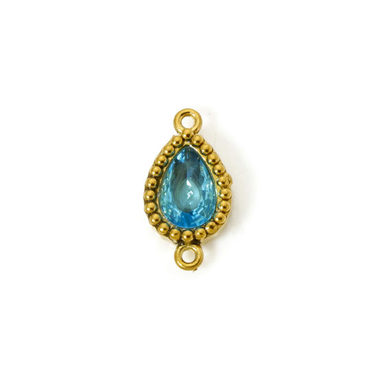 Bild von 5 Stück Umweltfreundliche PVD-Vakuumbeschichtung 304 Edelstahl Geometrisch Steckverbinder Charms Anhänger Tropfen 18K Vergoldet Blau Strass 12mm x 7mm