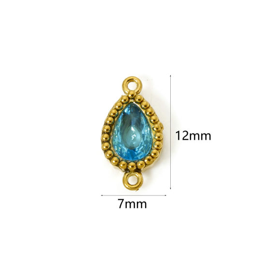 Bild von 5 Stück Umweltfreundliche PVD-Vakuumbeschichtung 304 Edelstahl Geometrisch Steckverbinder Charms Anhänger Tropfen 18K Vergoldet Blau Strass 12mm x 7mm