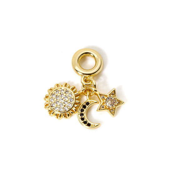 Image de 1 Pièce Perles de Breloquee Pendantes pour la Fabrication de Bijoux de Bracelet et de Collier Galaxie Respectueux de la Nature en Laiton Plaqué Or Véritable 18K Soleil Lune à Strass Transparent 29mm