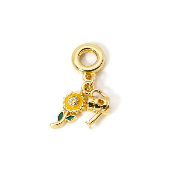 Image de 1 Pièce Perles de Breloquee Pendantes pour la Fabrication de Bijoux de Bracelet et de Collier Respectueux de la Nature en Laiton Plaqué Or Véritable 18K Multicolore Aiguière Fleurs de Soleil Émail 3.1cm