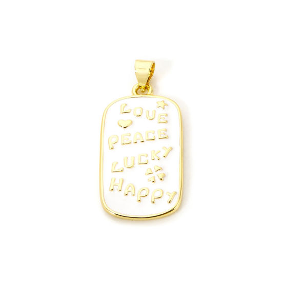 Imagen de 1 Unidad Respetuoso del Medio Ambiente Latón Positive Quotes Energy Colgantes 18K Oro Real Chapado Blanco Rectángulo Mensaje " LOVE PEACE LUCKY HAPPY " Esmalte 3.4cm x 1.6cm
