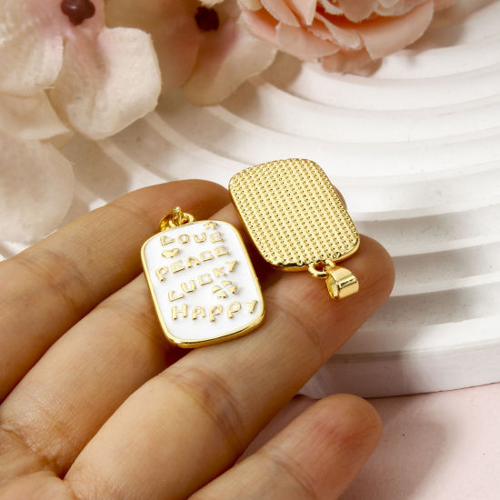 Imagen de 1 Unidad Respetuoso del Medio Ambiente Latón Positive Quotes Energy Colgantes 18K Oro Real Chapado Blanco Rectángulo Mensaje " LOVE PEACE LUCKY HAPPY " Esmalte 3.4cm x 1.6cm