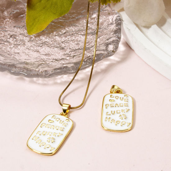 Imagen de 1 Unidad Respetuoso del Medio Ambiente Latón Positive Quotes Energy Colgantes 18K Oro Real Chapado Blanco Rectángulo Mensaje " LOVE PEACE LUCKY HAPPY " Esmalte 3.4cm x 1.6cm