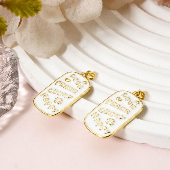 Imagen de 1 Unidad Respetuoso del Medio Ambiente Latón Positive Quotes Energy Colgantes 18K Oro Real Chapado Blanco Rectángulo Mensaje " LOVE PEACE LUCKY HAPPY " Esmalte 3.4cm x 1.6cm