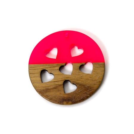 Image de 2 Pcs Pendentifs La Saint Valentin en Résine & Bois Naturel Fuchsia Disque Rond Cœur Creux 3.8cm Dia