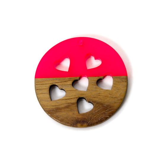 Picture of 2 PCs Resin & Natural Wood Valentine's Day Pendants Fuchsia Round Disc Heart Hollow 3.8cm Dia