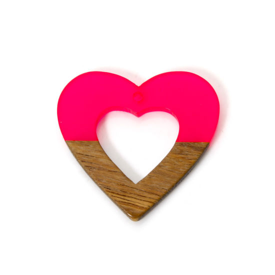 Picture of 2 PCs Resin & Natural Wood Valentine's Day Pendants Fuchsia Heart Hollow 3.6cm x 3.4cm