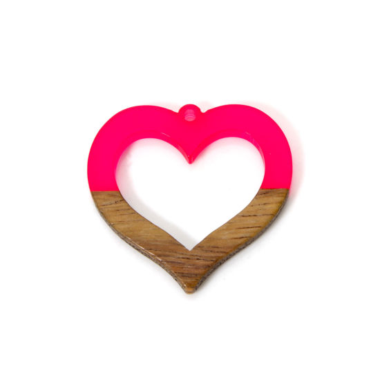 Picture of 2 PCs Resin & Natural Wood Valentine's Day Pendants Fuchsia Heart Hollow 3.5cm x 3.4cm