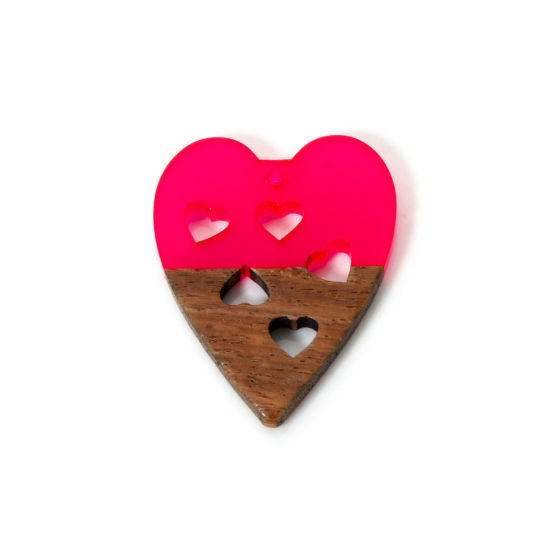 Picture of 2 PCs Resin & Natural Wood Valentine's Day Pendants Fuchsia Heart Hollow 3.7cm x 2.9cm