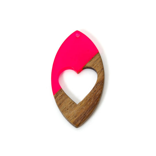 Picture of 2 PCs Resin & Natural Wood Valentine's Day Pendants Fuchsia Marquise Heart Hollow 4.7cm x 2.5cm