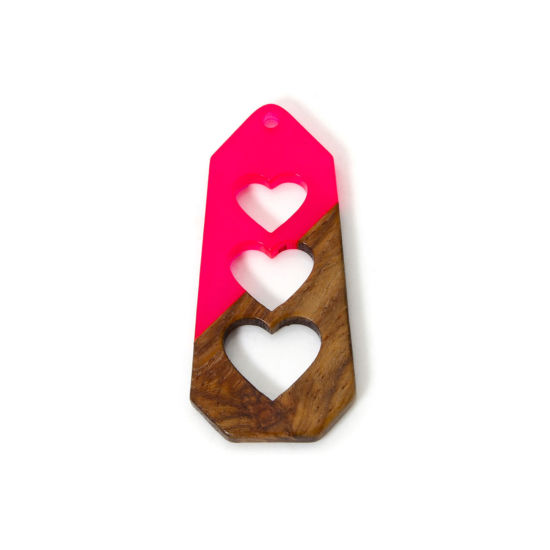 Picture of 2 PCs Resin & Natural Wood Valentine's Day Pendants Fuchsia Heptagon Heart Hollow 4.7cm x 2.2cm