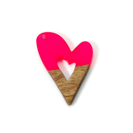 Image de 2 Pcs Pendentifs La Saint Valentin en Résine & Bois Naturel Fuchsia Cœur Creux 3.5cm x 2.6cm