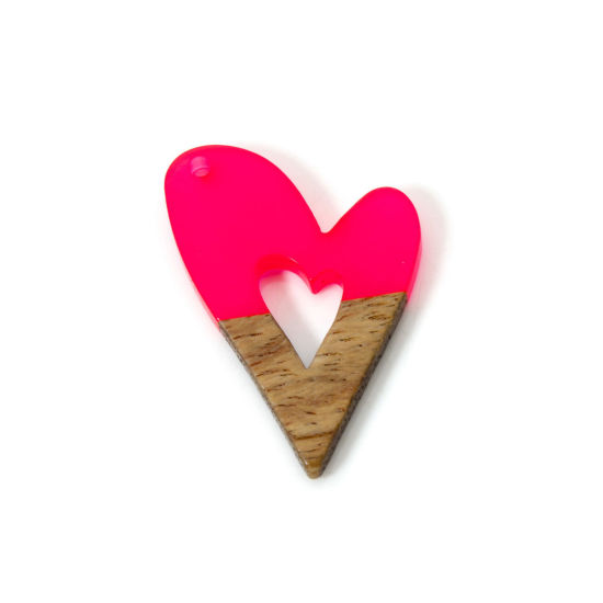 Picture of 2 PCs Resin & Natural Wood Valentine's Day Pendants Fuchsia Heart Hollow 3.5cm x 2.6cm