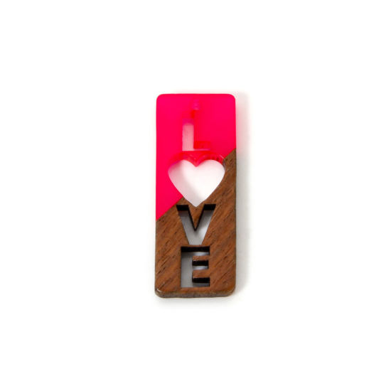 Picture of 2 PCs Resin & Natural Wood Valentine's Day Pendants Fuchsia Rectangle Message " LOVE " Hollow 4cm x 1.5cm